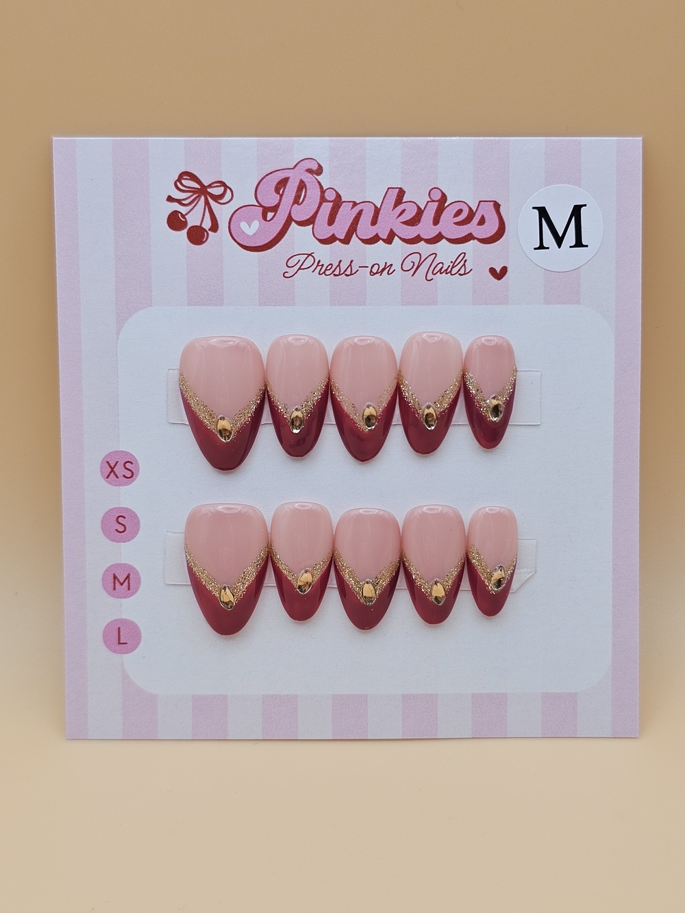 Press-on Nails Set 10pc Size M Short Almond Burgundy Red French Tips Gold Glitte